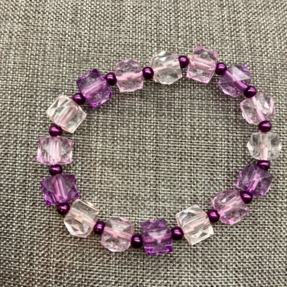 Cube Beaded Stretch Bracelet Faceted Pink Purple Translucent Geometric Retro Mod - Picture 2 of 5